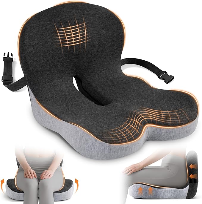 Seat Cushion, Office Chair Cushions for Tailbone Relief, Seat Cushions for Office Chair with L-Shaped Ergonomic Design & Adjustable Strap, Memory Foam Chair Cushion for Long Sitting (Black Gray) by SSPATIOS