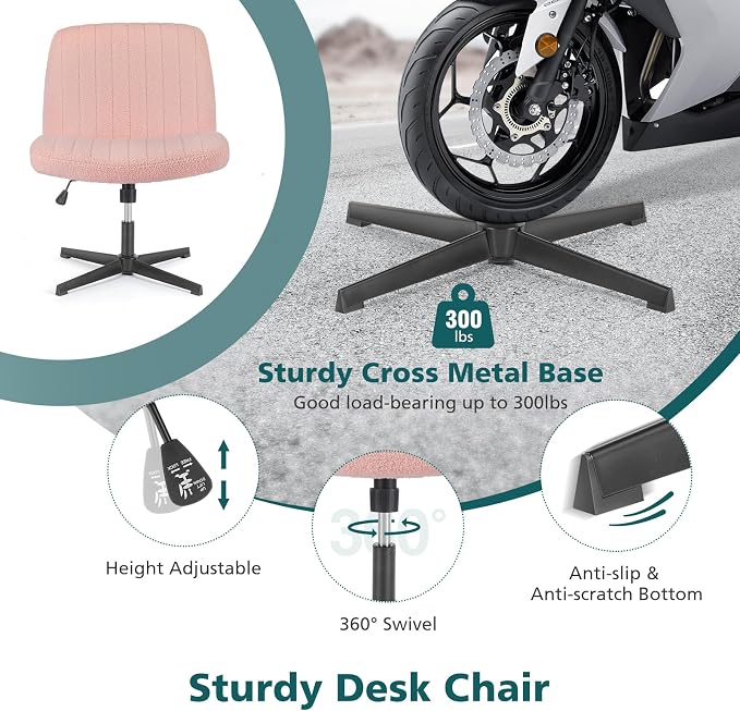 OLIXIS Criss Cross Chair, Vanity Chair, Home Office Desk | Cute Furry Teddy Fleece, Height Adjustable, Armless Wide Seating for Bedroom Student Study Room,Teddy Pink No Wheel - Image 6