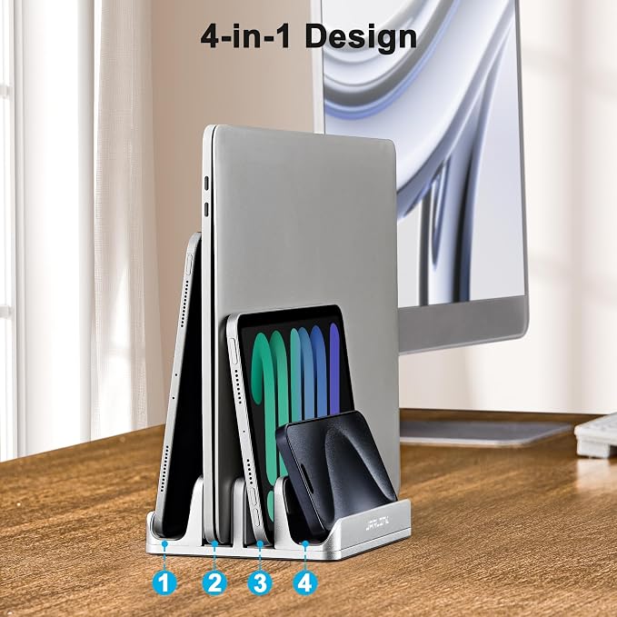 JARLINK 4-in-1 Adjustable Vertical Laptop Stand, Aluminum Holder, Silver | Space-Saving Aluminum Laptop Holder, Compatible with All MacBook, Surface, Chromebook, Phone, and Gaming Laptops. - Image 7