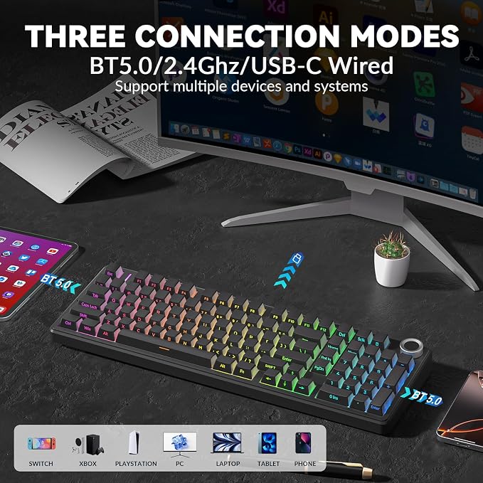 AULA F99 Pro Wireless Mechanical Keyboard-Silent Version,BT5.0/2.4GHz/USB-C Hot Swappable Custom Keyboard,Gasket Structure,Pre-lubed Linear Switches RGB Backlit Computer Gaming Keyboards,Black - Image 3