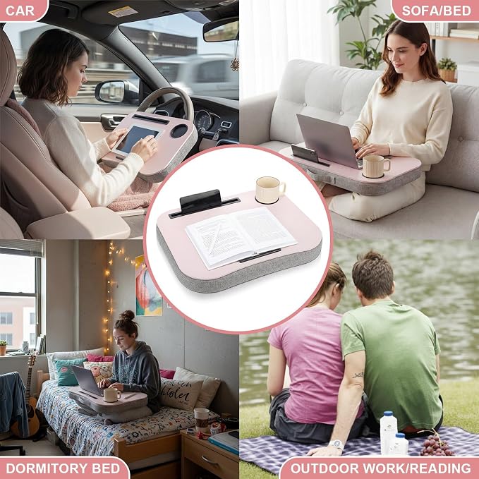 Lewtemi Pink Laptop Lap Desk with Cushion Cup Holder and Stopper Padded and Phone Holder Couch Bed Sofa Fits up to 15.6 Inch Portable Lap Desk for Home Office Study Writing - Image 7