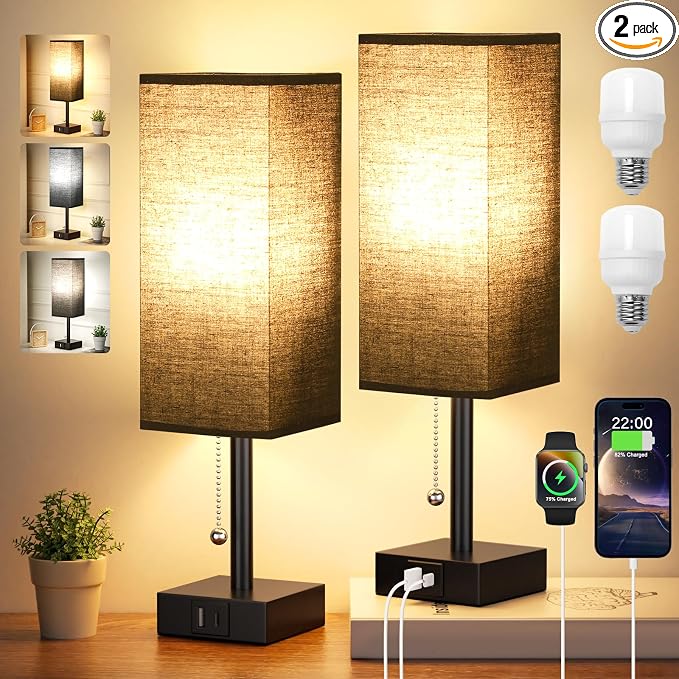 Set of 2 Black Bedside Table Lamps for Bedroom - Nightstand Lamp, USB C+A | Pull Chain Lamp, 3 Color Modes(3000K/4000K/5000K), E26 LED Bulb Included, Square Black Fabric Lampshade, for Read, Work, Dorm by Aooshine