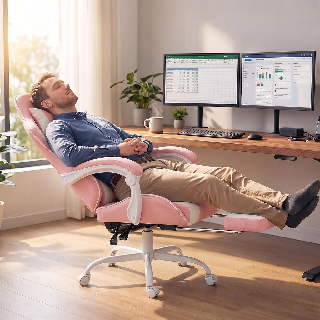 Homall Gaming Chair, Ergonomic, Footrest & Massage Lumbar Support, Pink - Image 9