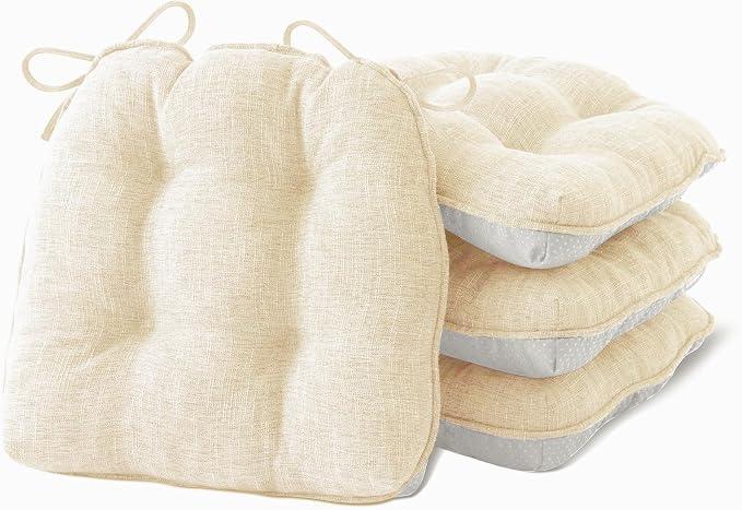 IPYNBAP Chair Cushions Set of 4, 4" Outdoor & Indoor Seat Cushions with Ties, Non Slip, Memory Foam Chair Pads for Dining, Kitchen, Office, Patio Furnitures, 15.5" x 15.5", Beige by IPYNBAP