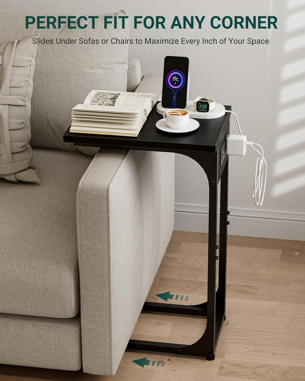 C-Shaped Side Table for Couch - Small Coffee Stand Sofa Tray Desk with Metal Frame Waterproof Scratch Resistant Wood Top and Built-in Charging Station, Black - Image 5