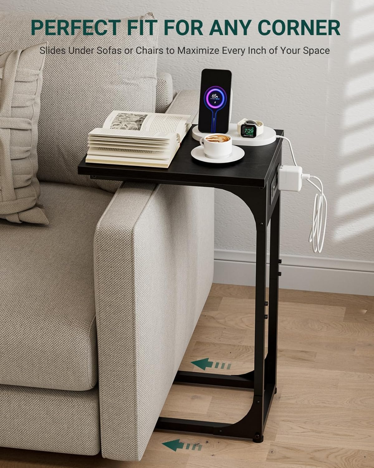 C-Shaped Side Table for Couch - Small Coffee Stand Sofa Tray Desk with Metal Frame Waterproof Scratch Resistant Wood Top and Built-in Charging Station, Black - Image 5