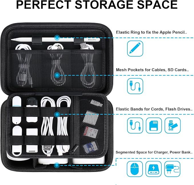 Lacdo Hard Travel Electronic Organizer Case for MacBook Power Adapter Charger, Cables, Apple Pencil, Mouse, Power Bank, USB Flash Disk,SD Card Small Protective Portable Accessories & 3 Cable Tie,Black - Image 2