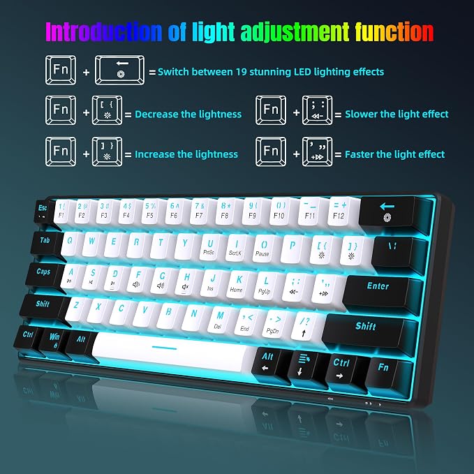 Snpurdiri 60% Wired Mechanical Gaming Keyboard (Black-White, Blue Switches) | Ice Blue LED Backlit 61 Keys Mini Wired Office Keyboard for Windows Laptop PC Mac - Image 4