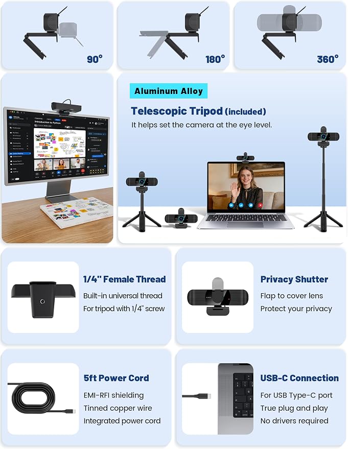 Pro HD 1080p/30fps Webcam with Tripod, External USB-C Camera for PC/Laptop | Dual noise-cancelling mics | Auto-focus | Wide-angle | Low-light correction | 360° rotation | CMOS sensor | Plug and Play - Image 3