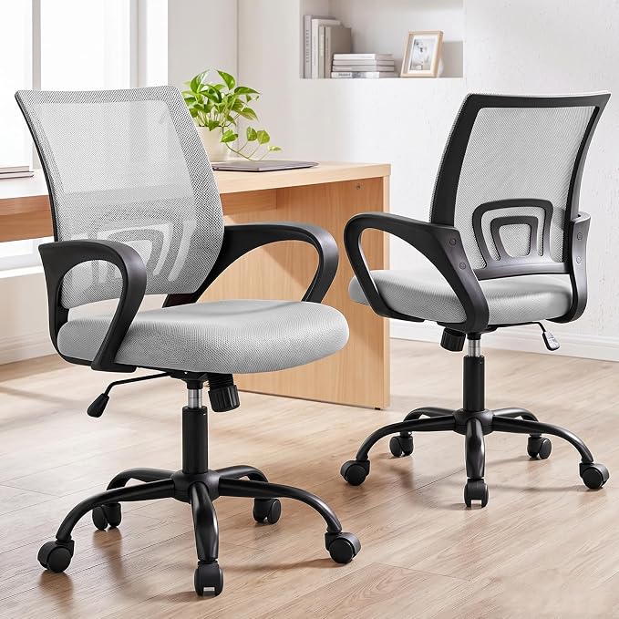 DUMOS Ergonomic Office Chair, Mid-Back Executive Desk Chair 2 Pack | Comfortable Lumbar Support, Breathable Backrest, Fixed Armrest, Height Adjustable, 360° Swivel, Computer Gaming, Grey by DumosLifestyle