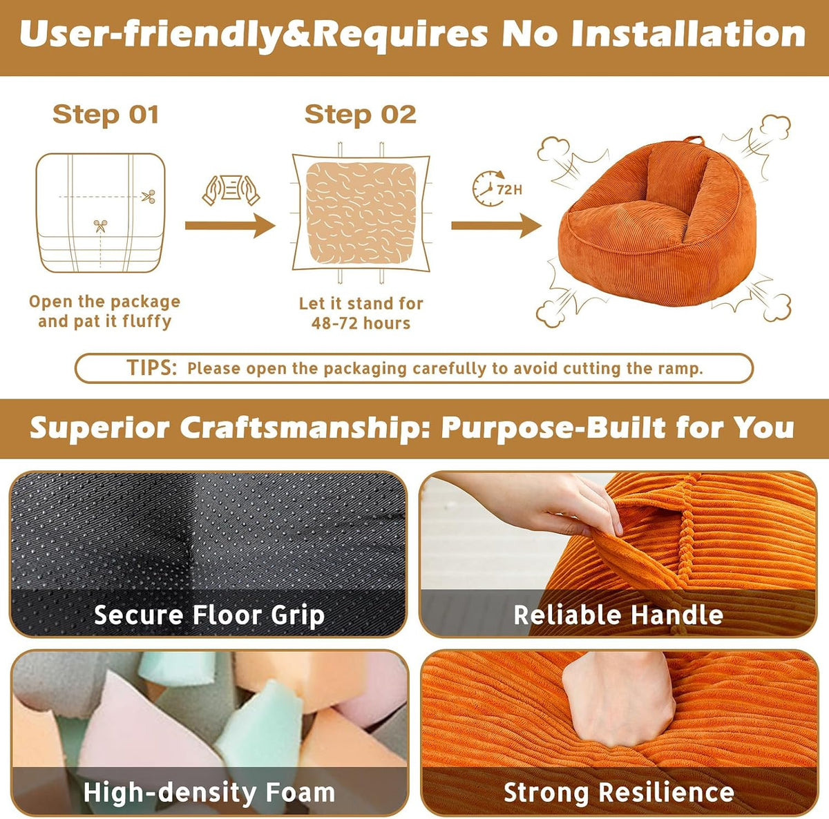 Bean Bag Chair, Cozy Fluffy Beanbag Chairs with Filler for Teens and Kids, Floor Lazy Sofa for Living Room Gaming & Reading (S-Burnt Orange) - Image 4