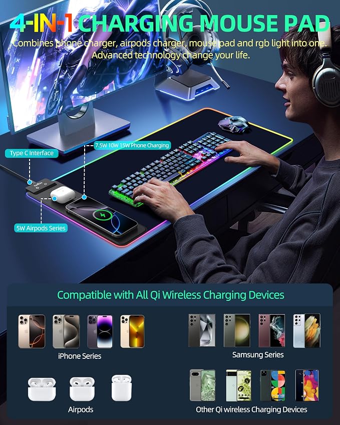 Wireless Charging Mouse Pad, RGB Gaming Mousepad, 31.5"x11.8" | Extra Large LED Desk Mat, 13 Lighting Modes, Ultra-Smooth Surface, Non-Slip Base, Waterproof Computer Keyboard Pad, Black - Image 2