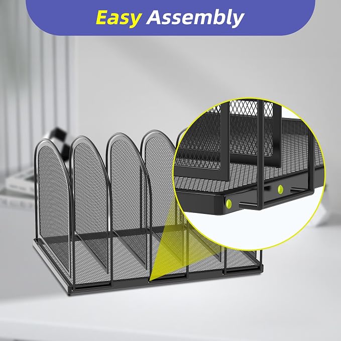 5-Section File Organizer for Desk, Metal File Folder Holder, Black | 5 Vertical Compartments with Sturdy Metal Base for Office Documents Books Magazines and Laptop - Image 3