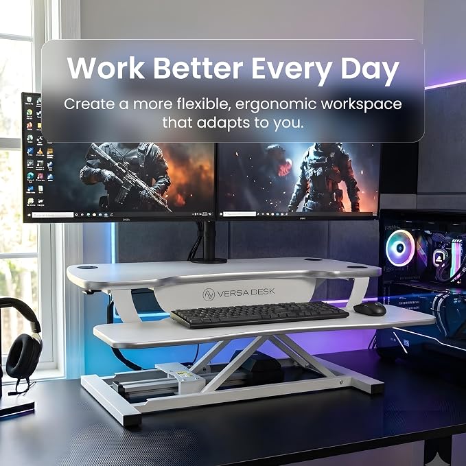 PowerPro 36 Inch Electric Standing Desk Converter – Push-Button Height Adjustable Sit to Stand Desk Riser for Dual Monitors & Laptop – Motorized Desktop Workstation with Wide Keyboard Tray - Image 6