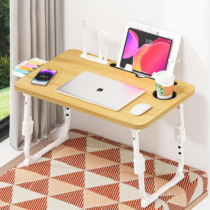 Lap Desk for Bed Adjustable Height with USB Port 23.6" x15.7" Desktop | Storage Drawer, Bookshelf, Fits 17" Laptop, For couch WFH Study, Foldable Non-Slip No Assembly Sturdy Lightweight Wood - Image 9