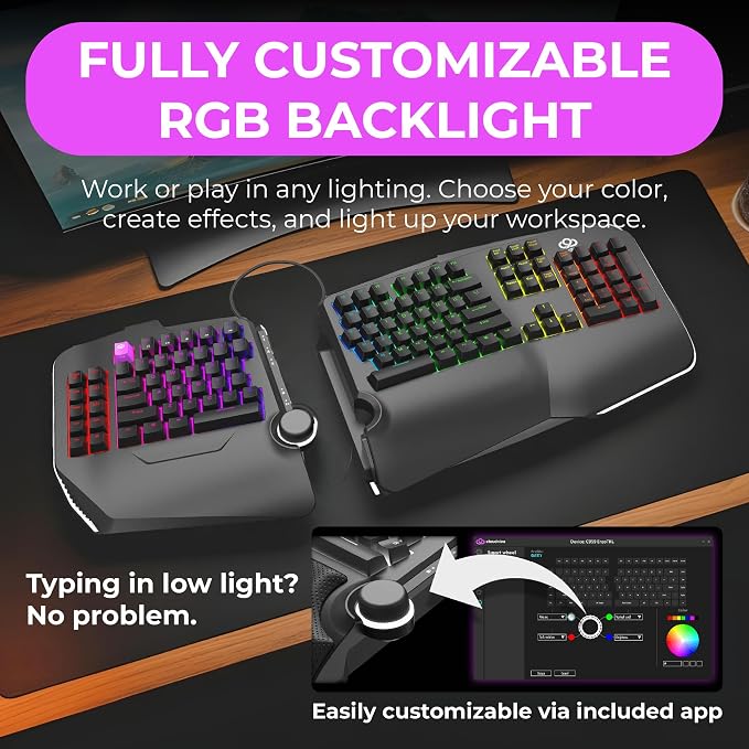 Cloud Nine C989M Ergonomic Mechanical Keyboard for PC - Kailh Tactile Brown Switches - RGB Light Up LED Backlit with USB - Ergo Split Key Board with Macro - Image 7