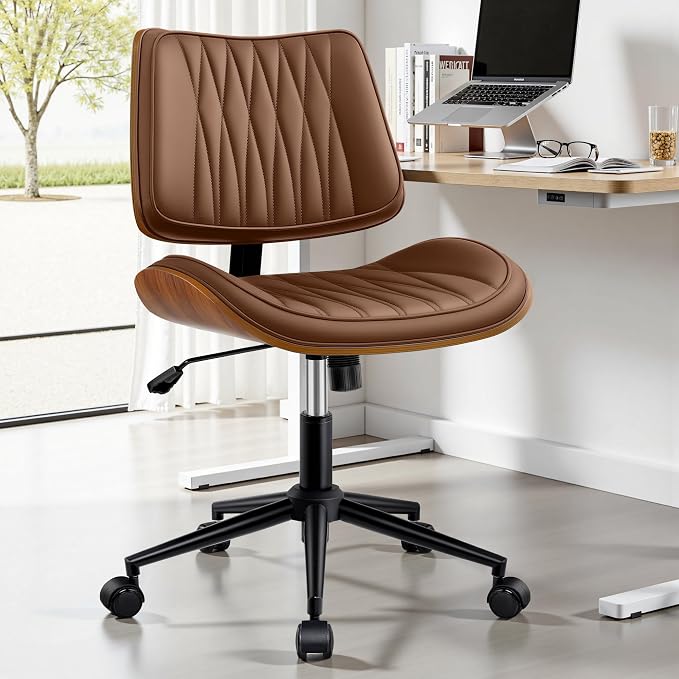 Ergonomic Armless Office Desk Chair - Mid-Century Modern Brown Faux Leather with Diamond Stitch, Adjustable Height Swivel Rolling Task Computer Chair with Walnut Accent for Home Office, Study & Work - Image 9