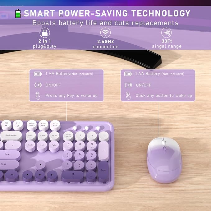 Links9+ Colorful Wireless Keyboard and Mouse Combo (Purple Gradient) | Full-Size Retro Typewriter Style Keyboard with Vintage Round Keycaps, 2.4G Wireless Set for Windows, Mac, Laptop, PC, Desktop - Image 3