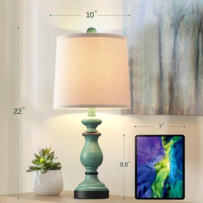 Traditional Table Lamp Set of 2, Rustic Farmhouse Table Lamps for Living Room Bedroom, 22" Bedside Desk Lamps Vintage Nightstand Lamps with Linen Shades, Green - Image 4