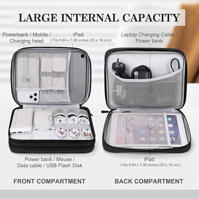 FYY Electronic Organizer, Travel Tech Pouch Bag, Extra Large, Black | Wrist Strap, Waterproof, Double Layers Electronics Travel Case for iPad, Cord, Laptop Charger, Daily and Business Trips Use - Image 3
