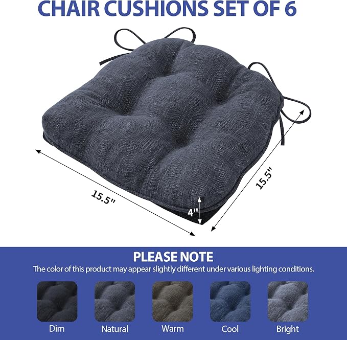 IPYNBAP Chair Cushions for Dining Chairs Set of 6, Kitchen Chair Cushions, Chair Pads with Ties and Non Slip Backing, Tufted Memory Foam Seat Cushion 6 Pack, 15.5" x 15.5" x 4", Navy Blue - Image 2