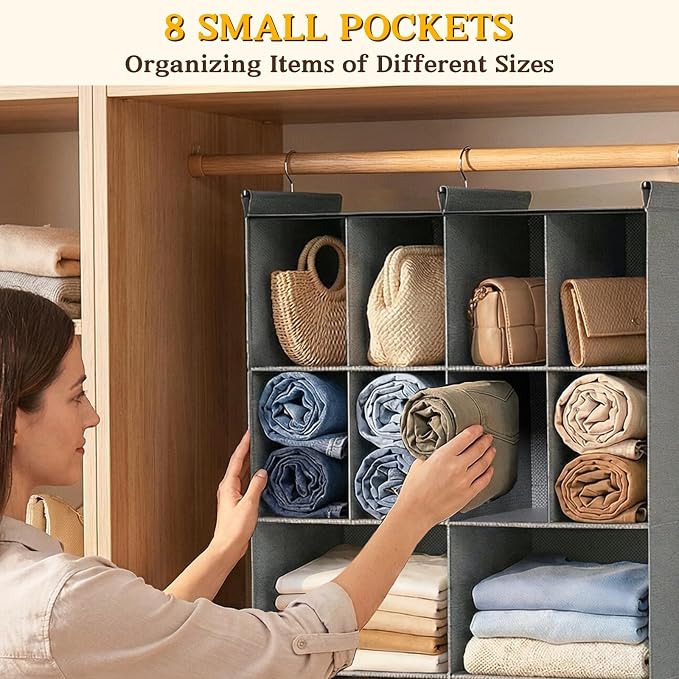 3 Tier Hanging Closet Organizer, 10 Compartments Dual Row Storage, Grey | Closet Organizers and Storage with Large & Small Pockets, 3 Sturdy Hooks Support Heavy Loads, for Dorm, RV, Garment Rack - Image 7