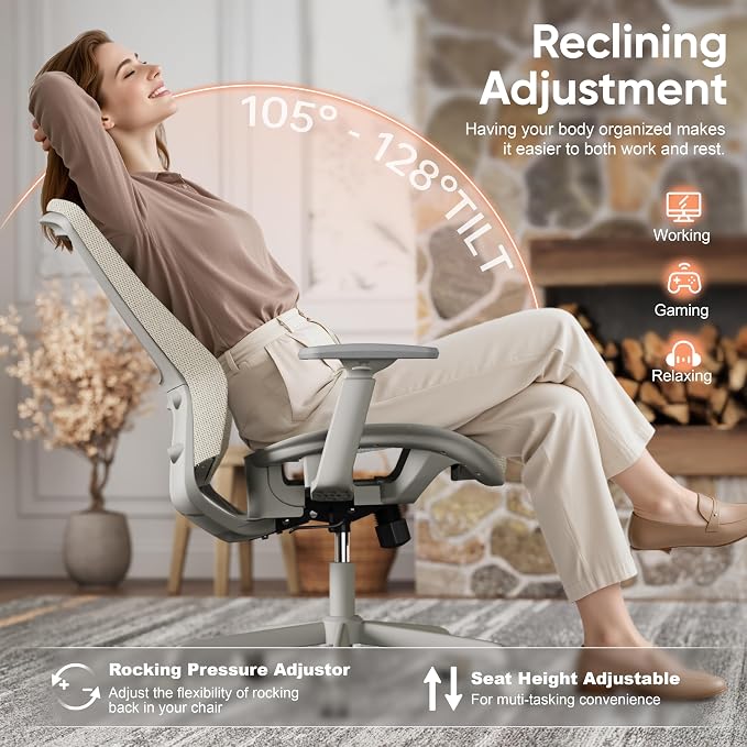 Mesh Office Chair,Ergonomic Computer Desk Chair,Sturdy Task Chair- Adjustable Lumbar Support & Armrests,Tilt Function,Comfort Wide Seat,Swivel Home Office Chair (Beige) - Image 7