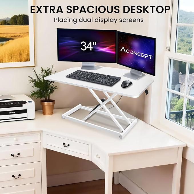 34 inch White Corner Height Adjustable Standing Desk Converter, One-Click Sit to Stand up Desk Riser, Pre-Assembled Dual Monitor and Laptop Workstation - Image 5