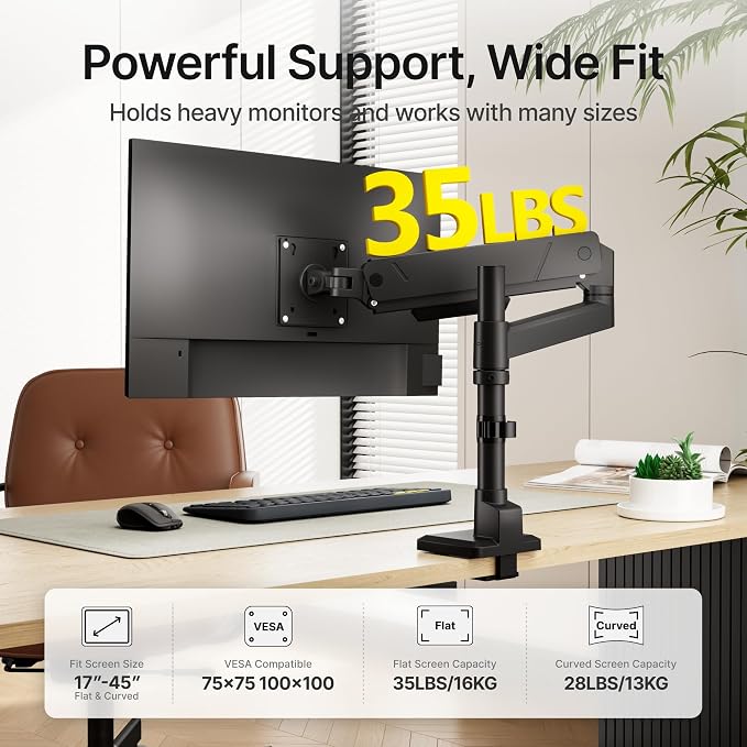 monTEK Tall Single Monitor Arm for 17 to 45 Inch Screen, Holds 35 Lbs | Adjustable Upgraded Heavy Duty Ultrawide Monitor Arm with C Clamp, Grommet Base, Cable Management, VESA 75/100mm - Image 3