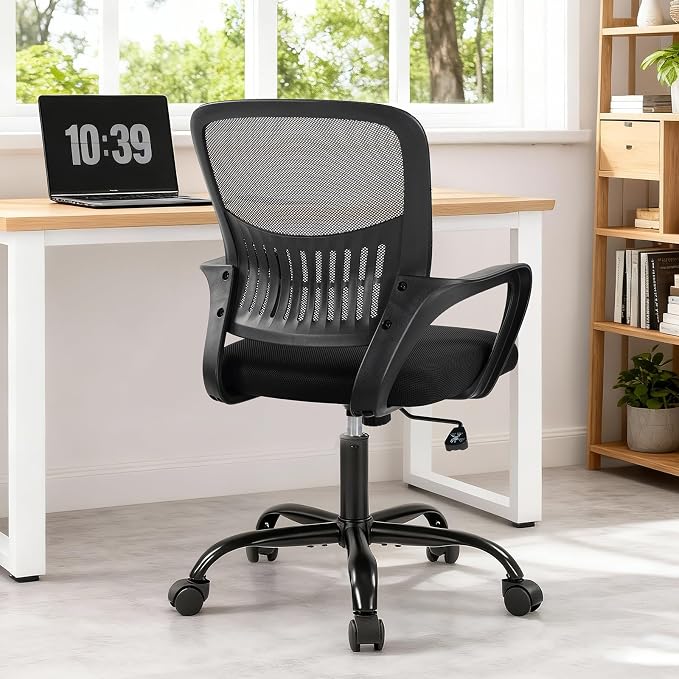 DUMOS Home Office Chair, Computer Desk Chair, Lumbar Support | Ergonomic Mid Back Mesh, Height Adjustable Fixed Armrest, Rocking Mode 360 Swivel, Computer Conference, Black - Image 9