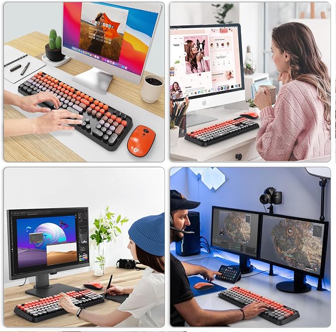 Wireless Keyboard and Mouse Combo, 104 Round Keys Cute Colorful Keyboard and Mouse with Retro Typewriter for PC Mac Laptop Tablet Computer Windows Black Red - Image 7