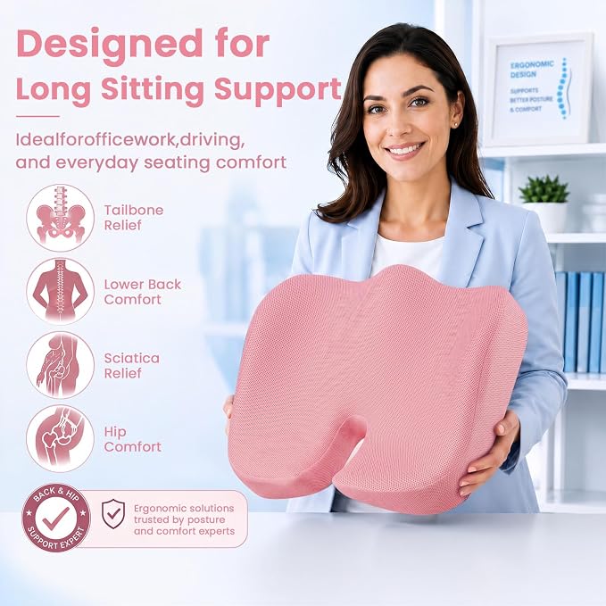 CJACSOC Seat Cushion, Extra Large Memory Foam Cushion for Office Chair Cushions, Ergonomic Cushions Pad Pillow for Pressure Relief Sciatica & Pain Relief for Long Sitting, Pink - Image 3