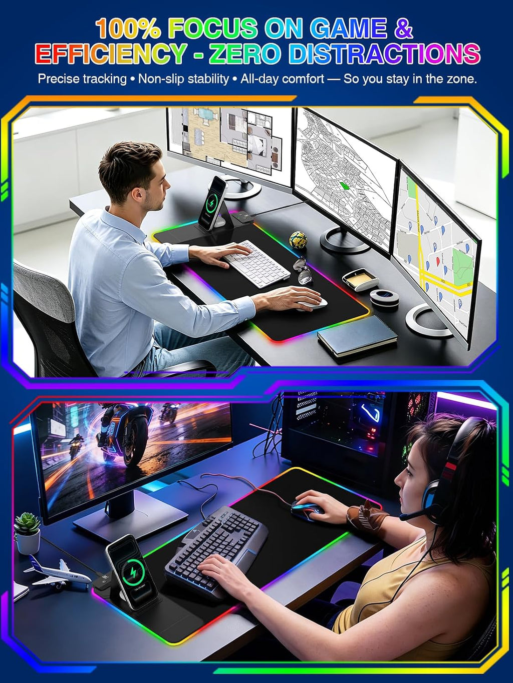 RGB Mouse Pad with Foldable Phone Stand & Wireless Charger, 31.5"x11.8" XL Gaming Mousepad Large Desk Mat, Desk Pad with Dual Charging for Phone & AirPods | 11 Colors & 5 Modes | Waterproof - Image 8
