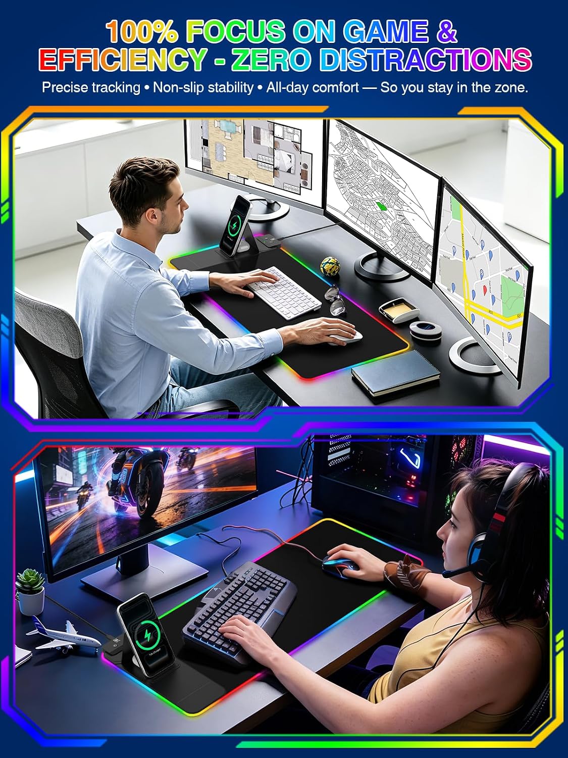RGB Mouse Pad with Foldable Phone Stand & Wireless Charger, 31.5"x11.8" XL Gaming Mousepad Large Desk Mat, Desk Pad with Dual Charging for Phone & AirPods | 11 Colors & 5 Modes | Waterproof - Image 8
