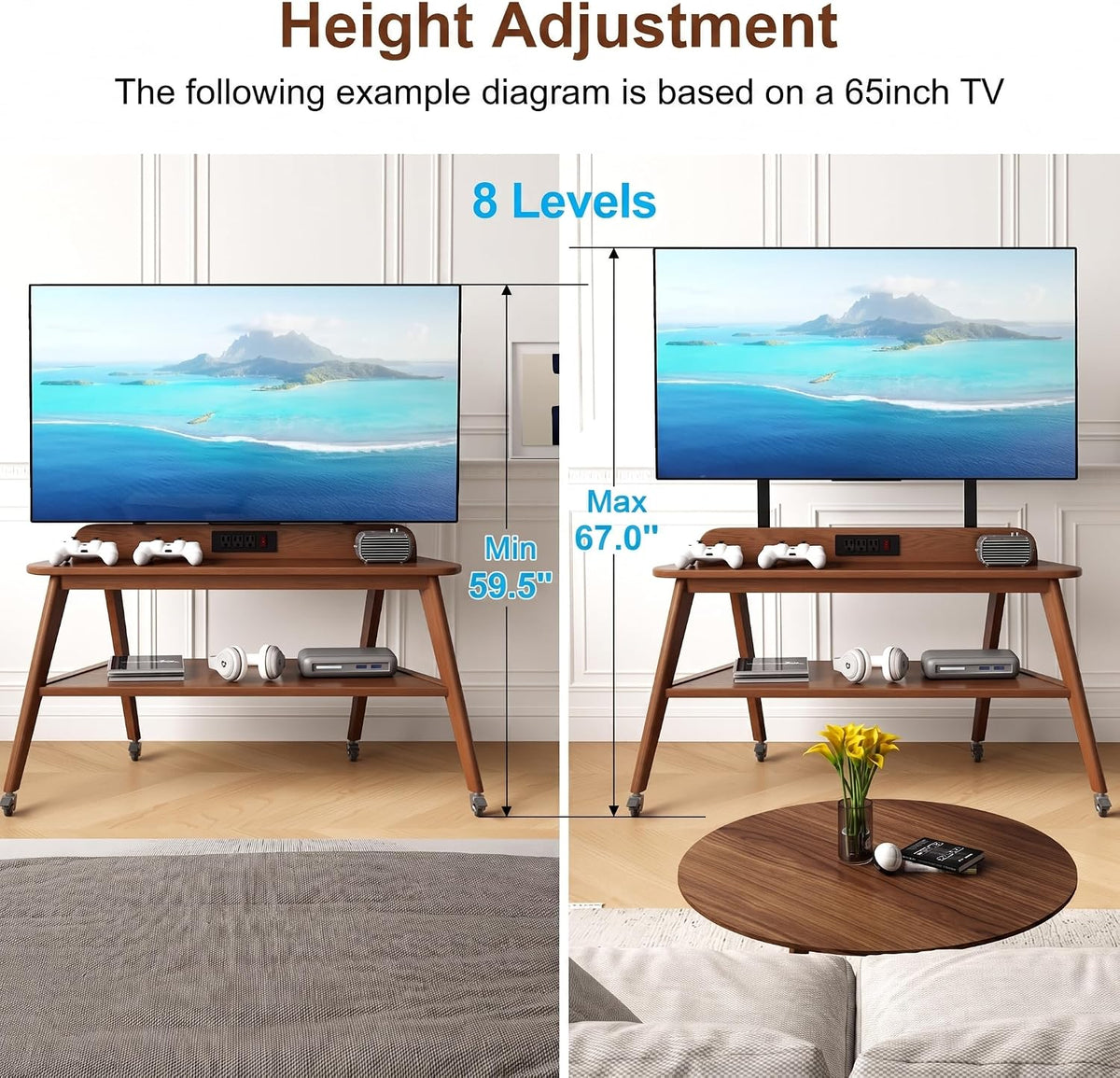 Solid Wood Rolling TV Stand with Power Outlet, Mobile TV Stand - Image 4
