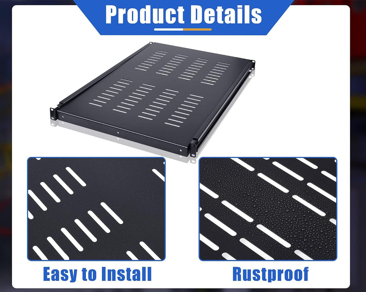 1U Adjustable Rack Mount Shelf Vented Server Rack Drawer 175 lbs 27.5 to 38 Inch Adjustable Mounting Depth Blanking Panel Kit Universal Tray for 19 Inch AV/Network Equipment, Black(1 Piece) - Image 5