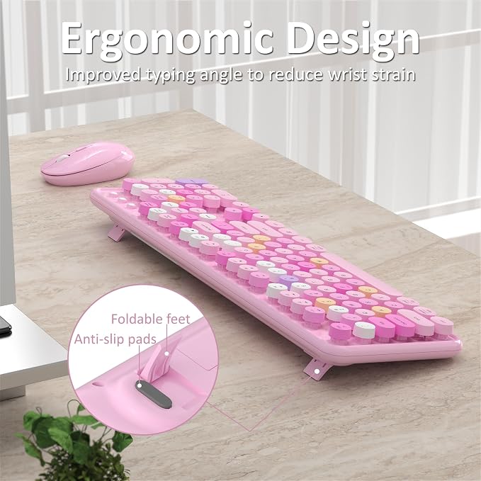 Links9+ Colorful Wireless Keyboard and Mouse Combo (Pink Colorful) | Full-Size Retro Typewriter Style Keyboard with Vintage Round Keycaps, 2.4G Wireless Set for Windows, Mac, Laptop, PC, Tablet - Image 3