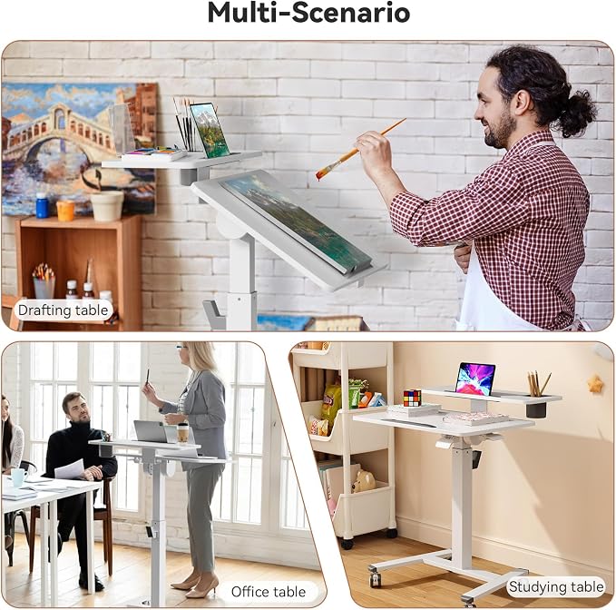 28" Mobile Standing Desk, Tiltable Top with 2-Tier Shelves, White | Pneumatic Rolling Desk, Adjustable Height Computer Workstation, Sit Stand Portable Drafting Table & Laptop Cart on Wheels - Image 9
