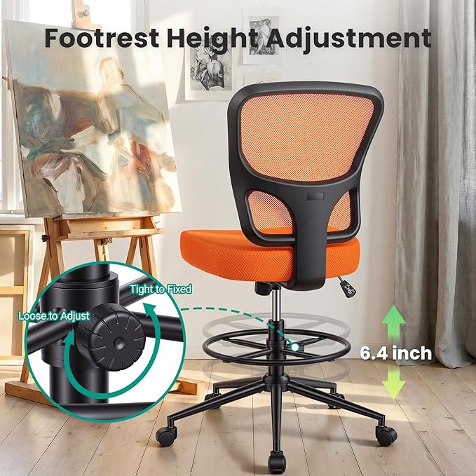 Armless Drafting Chair Tall Office Chair for Standing Desk - Adjustable Height Mesh Ergonomic Drafting Stool with Foot Ring & Wheels, Rolling Counter Height Computer Chair for Home Office - Image 6
