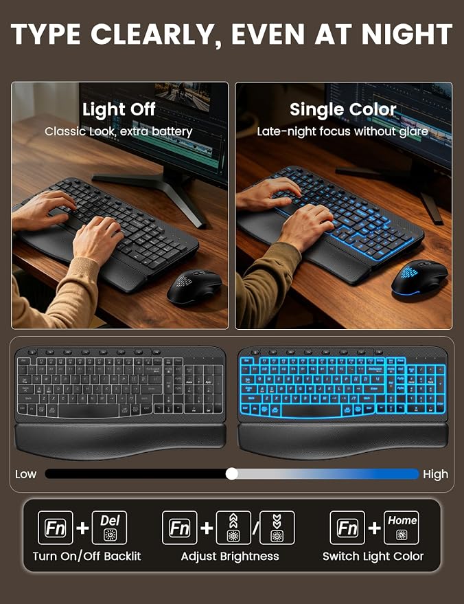 Wireless Keyboard and Mouse Combo, Ergonomic Wave with Wrist Rest | Rechargeable, Backlit Keys, Full Size, 2.4GHz USB Wireless, Leather Finish, MA12Pro Quiet Set for Windows, Mac, PC, Laptop - Image 4