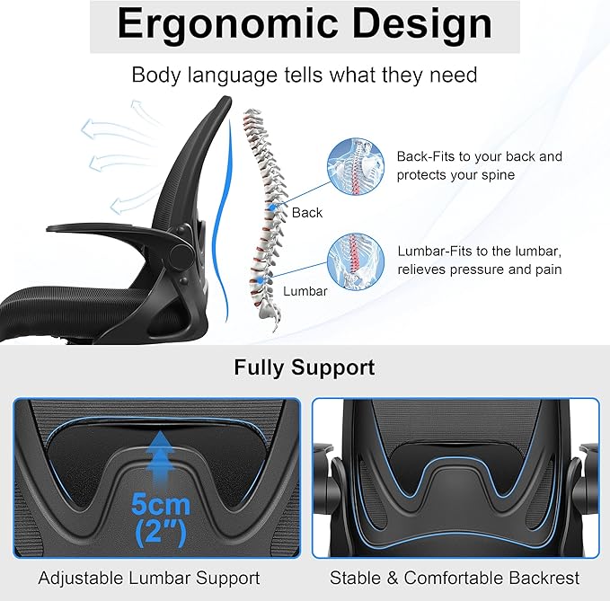 Drafting Chair Tall Office Chair with Flip-up Armrests, Adjustable Height, and Enhanced Lumbar Support - Ergonomic Rolling Stool, Back Support, and Adjustable Foot Rest Ring for Standing Desk Black - Image 3