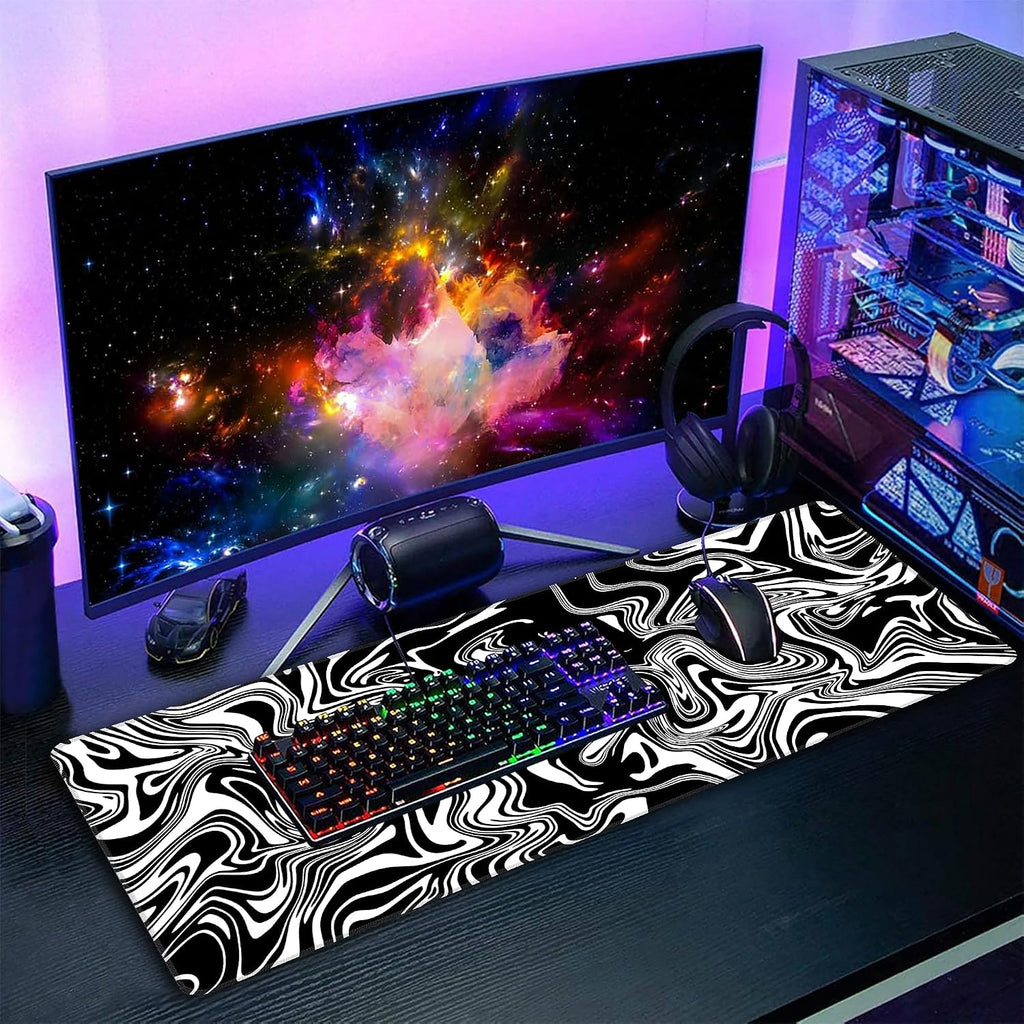 Black Gray Fluid Mouse Pad,XXL 35.4"x15.7" Big Gaming Mousepad,Marble Large Extended Mouse Mat,Non-Slip Rubber Base Waterproof with Stitched Edges for Gaming Office Home - Image 7