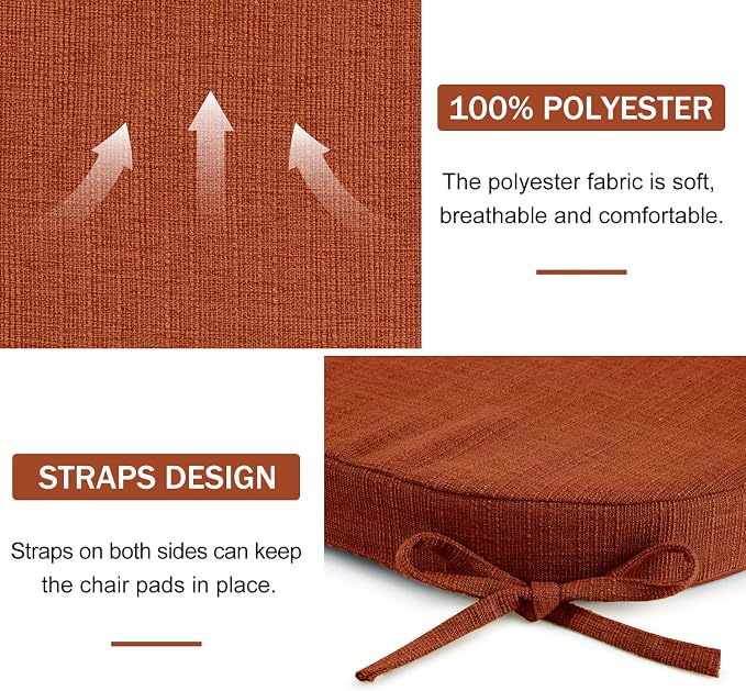 downluxe Indoor Chair Cushions for Dining Chairs, Soft and Comfortable Textured Foam Kitchen Chair Pads with Ties and Non-Slip Backing, 16" x 16" x 2", Orange, 6 Pack - Image 3
