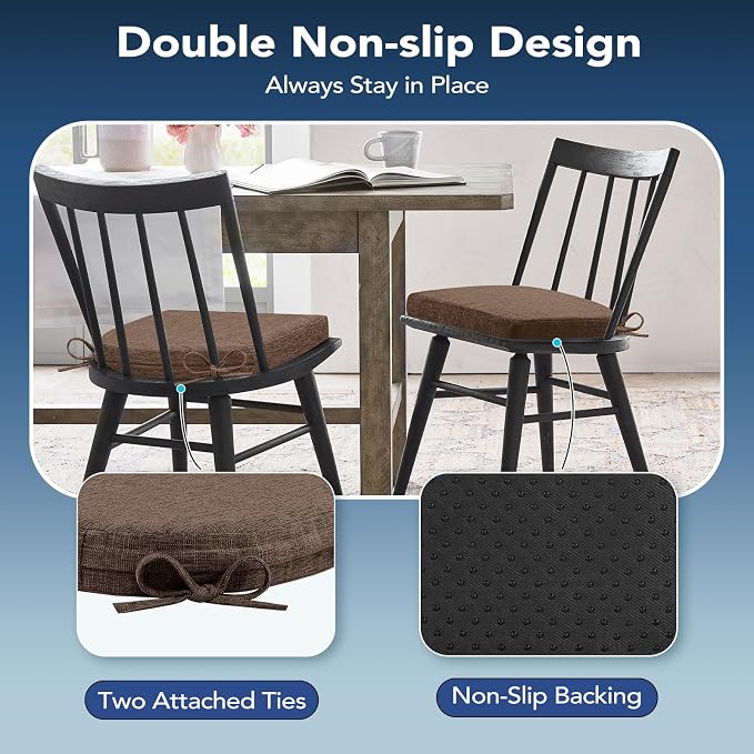 Chair Cushions for Dining Chairs, Non Slip Chair Pads with Ties and Washable Covers, Memory Foam Kitchen Chair Cushions Set of 6, 16"X16"X2.5", Brown - Image 5