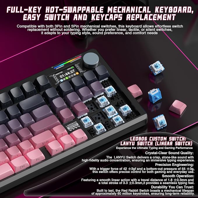 LINGBAO K98 PRO Wireless Mechanical Gaming Keyboard with Screen & Knob | Tri-Mode BT5.0/2.4G/USB-C, Gasket Mount Hot Swappable Linear Switches, RGB Backlit Creamy Sounding for PC/Mac Office& Gaming - Image 8