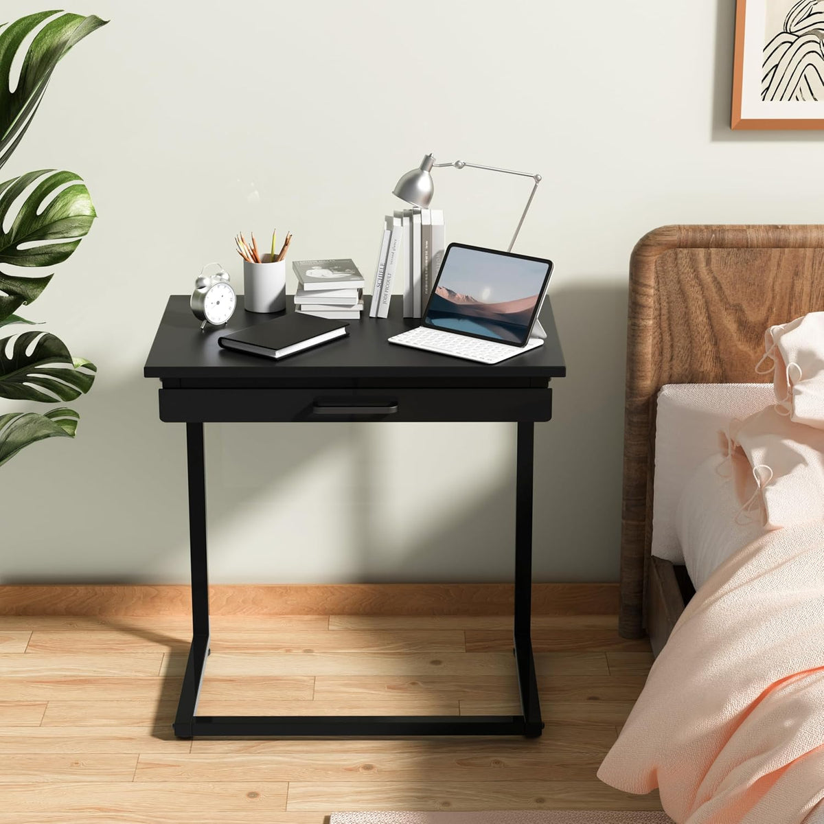 C Shaped End Table,Small Couch Side Table with Drawer,for Living Room, Bedroom Magazines, Computers, Coffee, Small Objects Storage.Black - Image 4