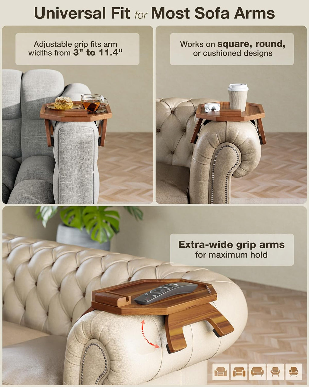 BLUEWEST Octagonal Sofa Arm Tray, Couch Armrest Table, 360° Phone Holder - Image 5