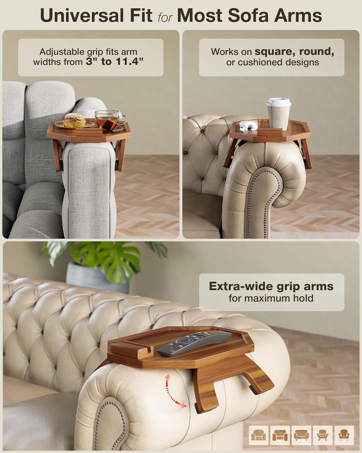 BLUEWEST Octagonal Sofa Arm Tray, Couch Armrest Table, 360° Phone Holder - Image 5