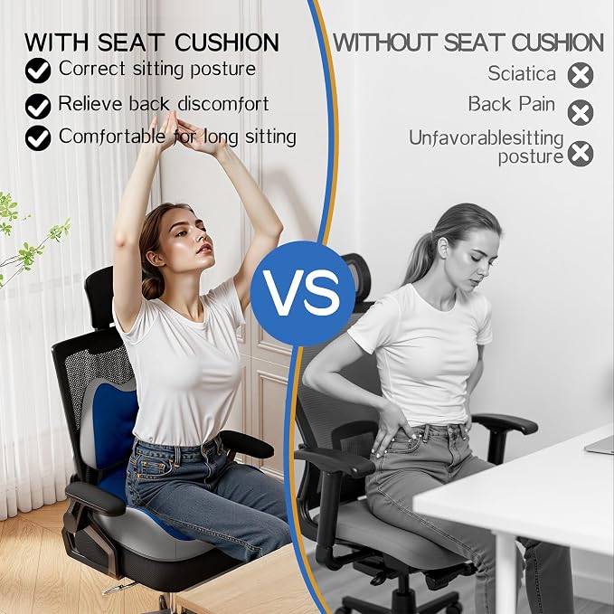 Benazcap Large Memory Foam Seat Cushion Lumbar Support Pillow for Sciatica & Tailbone Pressure Relief Coccyx Pad for Office Chair, Wheelchair, Car, Home, Office, Blue - Image 4