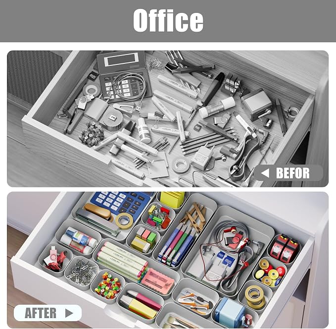 Drawer Organizers Bins 18 PCS for Bathroom Makeup Desk Office | with Non-slip Pads, 4 Sizes, Plastic Tray, Vanity Organizer, Kitchen Utensils Organizer - Image 6